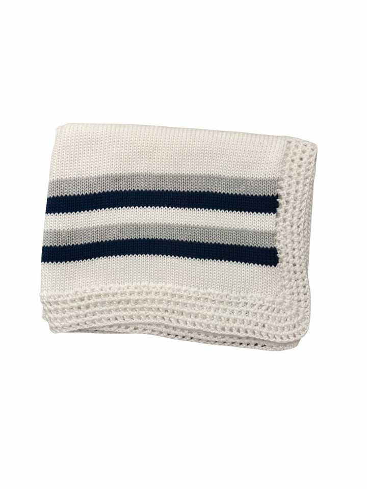 White/Navy and Grey Stripe Hand Knit Blanket