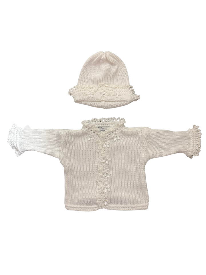 White/Chenille Trim Sweater and Hat