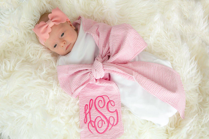 Personalized Seersucker Baby Swaddle Blanket - Pink