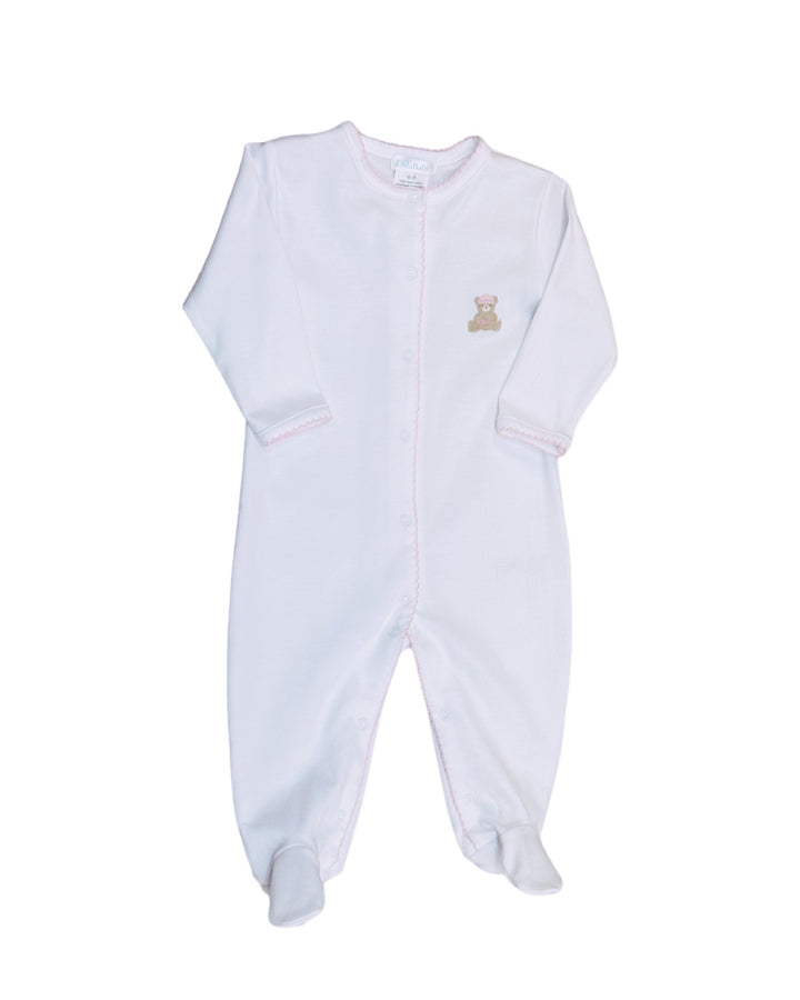 White Footie with Embroidered Pink Bear