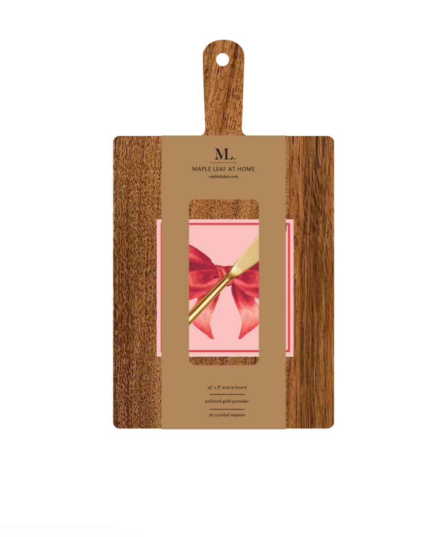 Acacia Bevel Board w/ Gold Spreader & Pink Bows Napkin