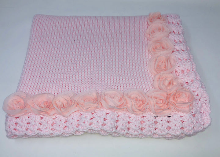 Pink Cotton Knit Blanket with Chiffon Roses