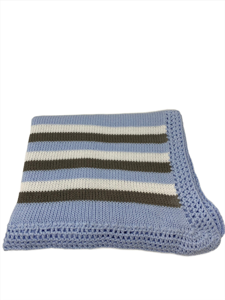 Blue/White and Grey Stripe Hand Knit Blanket