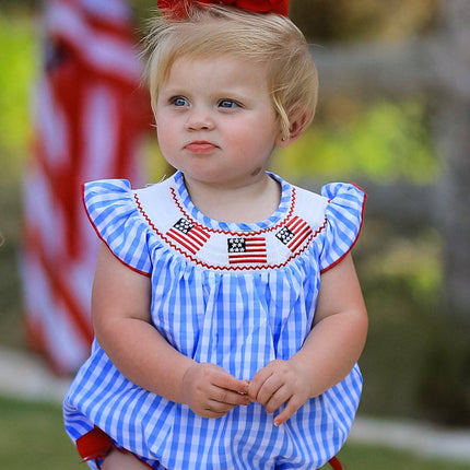 4th of july Flag Embroidery Smocking Girls Romper
