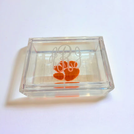 Personalized acrylic jewelry box — monogram example in gold script
