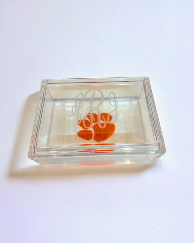 Personalized acrylic jewelry box — monogram example in gold script