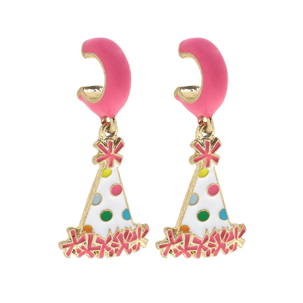 Polka Dot Enamel Party Hat Huggie Hoop Earrings