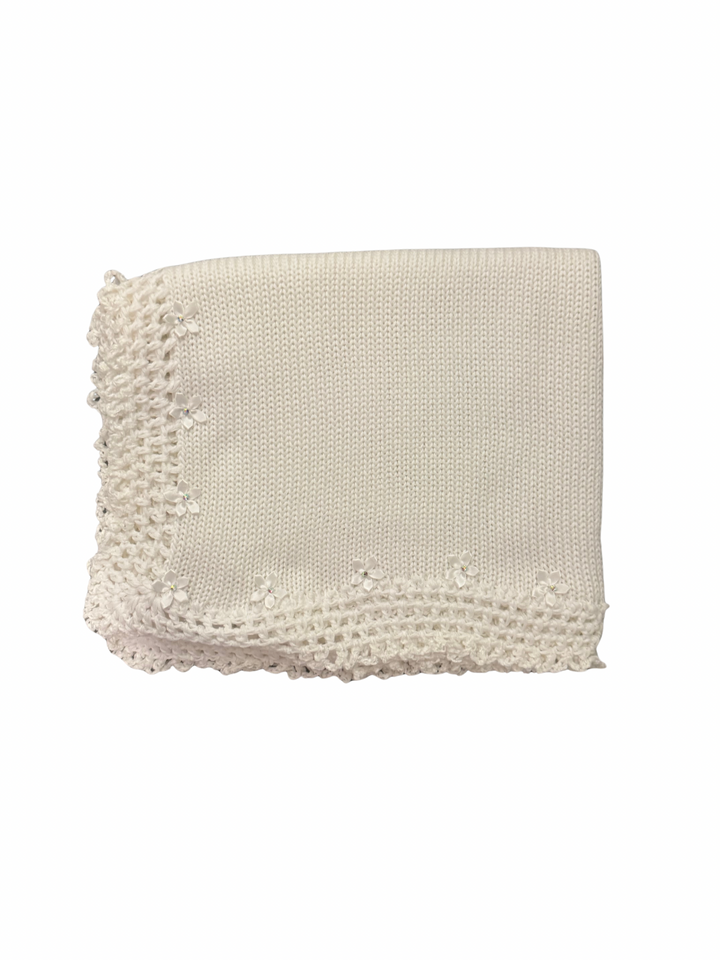 White/Chenille Trim Hand Knit Blanket