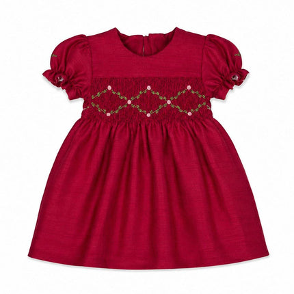 Floral Smocked Silk Red Short Sleeve Baby Girl Dress