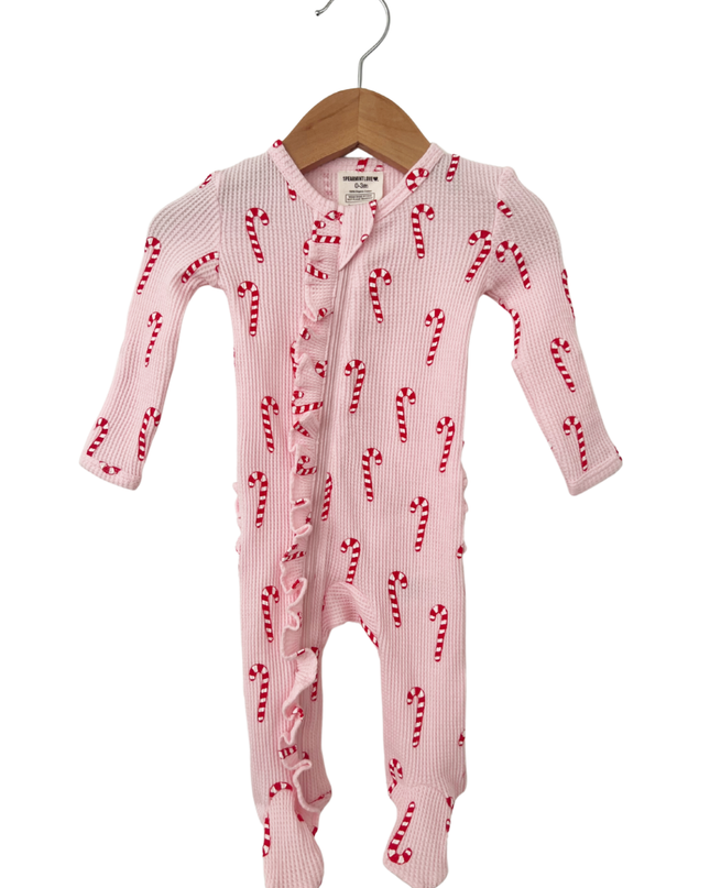 Waffle Ruffle Zip Footie - Pink Candy Cane