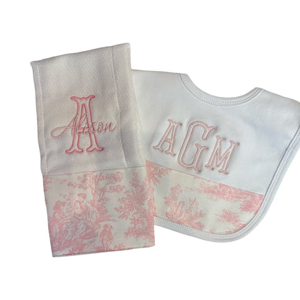 Personalized bib and burp cloth set — embroidered name included, baby shower gift