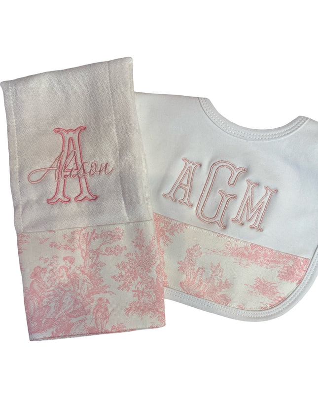 Personalized bib and burp cloth set — embroidered name included, baby shower gift