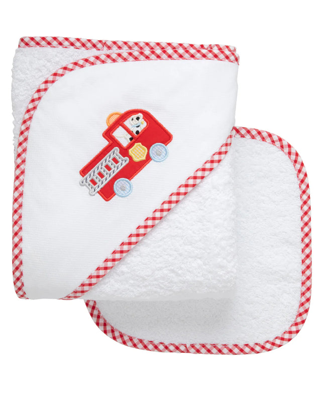 Fire Truck Applique Hooded Towel and Washcloth Set
