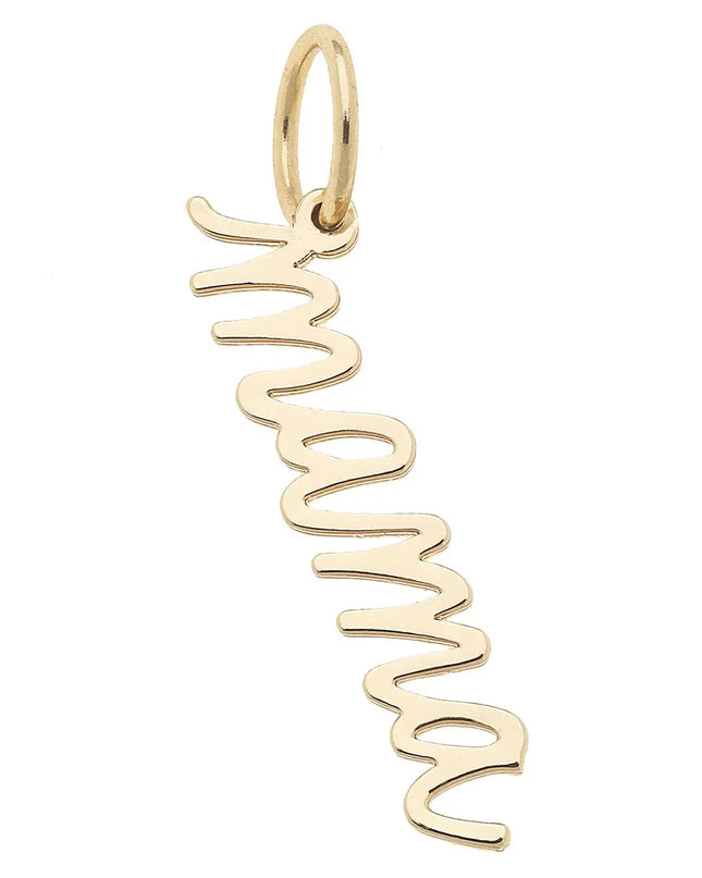 "Mama" Cursive Script Charm in Shiny Gold