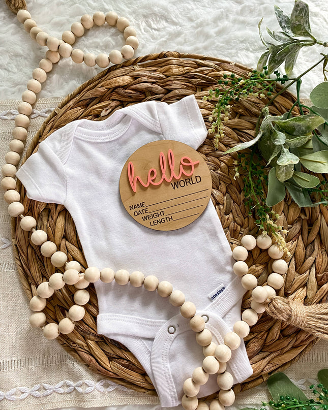 Hello World Birth Stat Announcement Wood Disc - Layered 3D