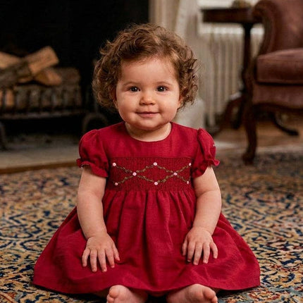 Floral Smocked Silk Red Short Sleeve Baby Girl Dress