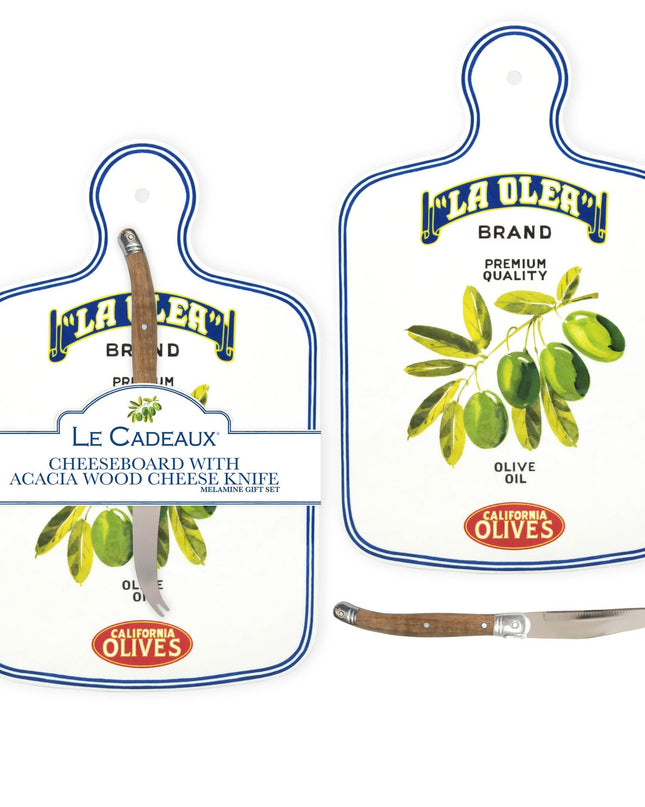 Melamine cheeseboard gift set — close up showing cheese tools