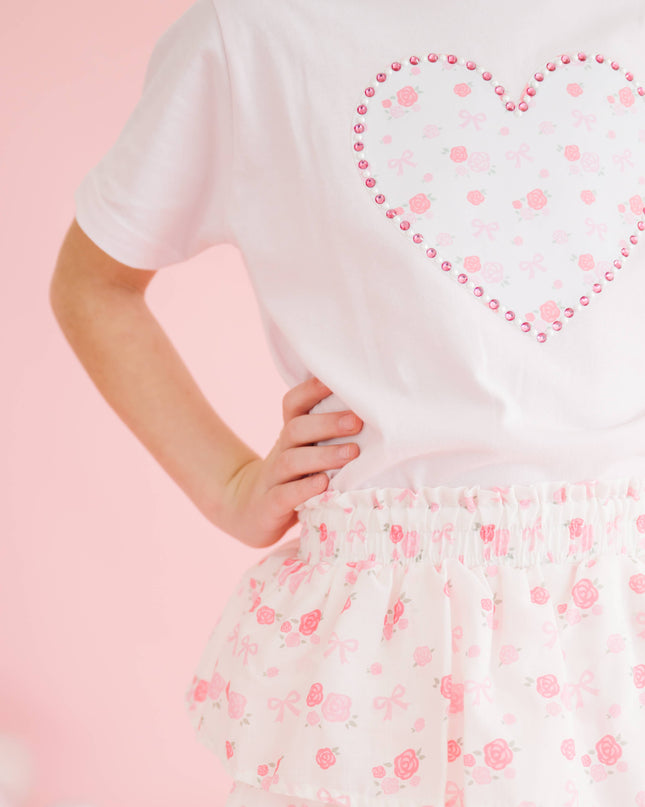 Dainty Rose Pearl Heart Patch Short Sleeve T-Shirt