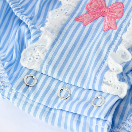 Blue Stripe Girl Romper Petal Peter Pan Collar Bow