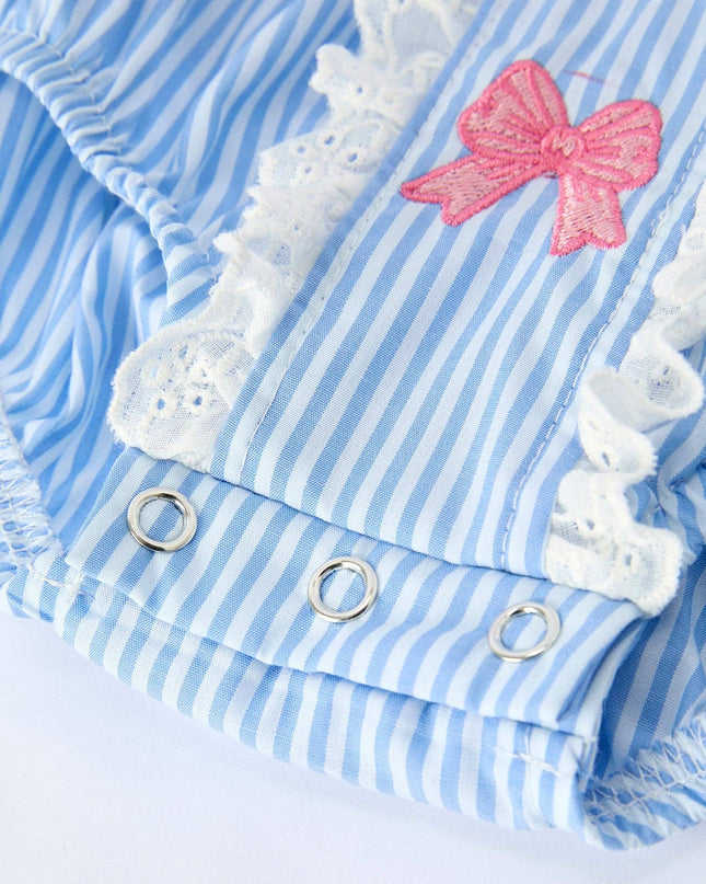 Blue Stripe Girl Romper Petal Peter Pan Collar Bow