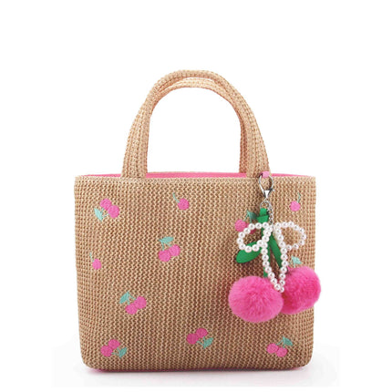 Cherry Patched Straw Mini Tote Bag with Charm