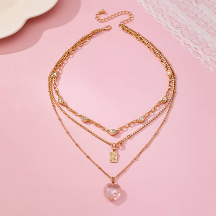 Multi Layered Rhinestone Heart Charm Necklace