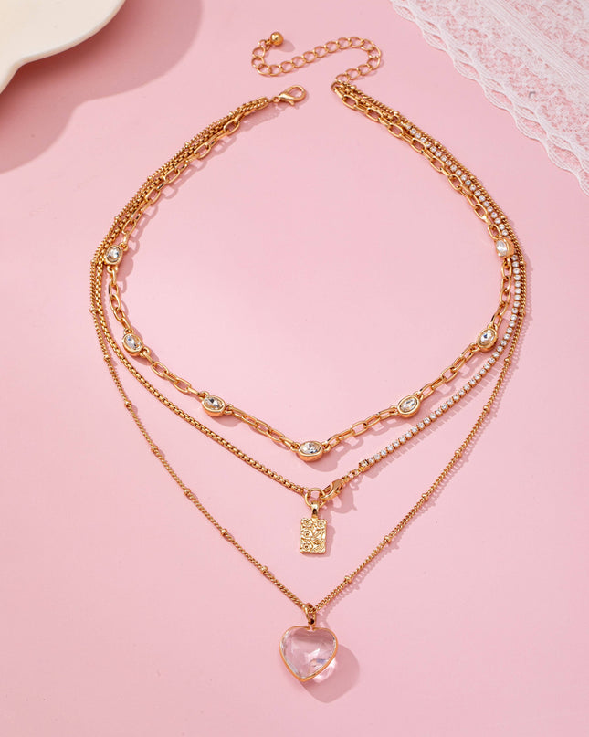 Multi Layered Rhinestone Heart Charm Necklace