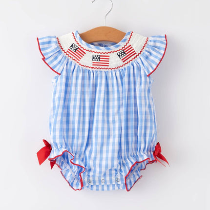 4th of july Flag Embroidery Smocking Girls Romper