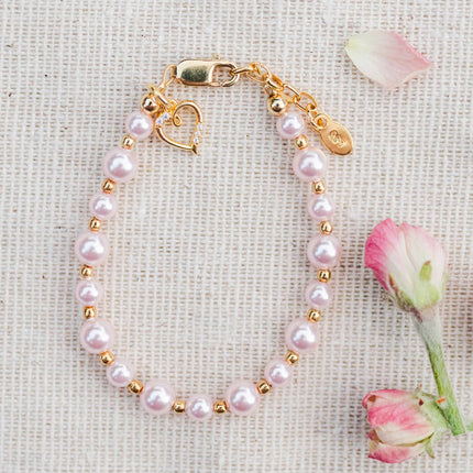 14K Gold-Plated Pink Pearl Baby Heart Bracelet Kids Jewelry
