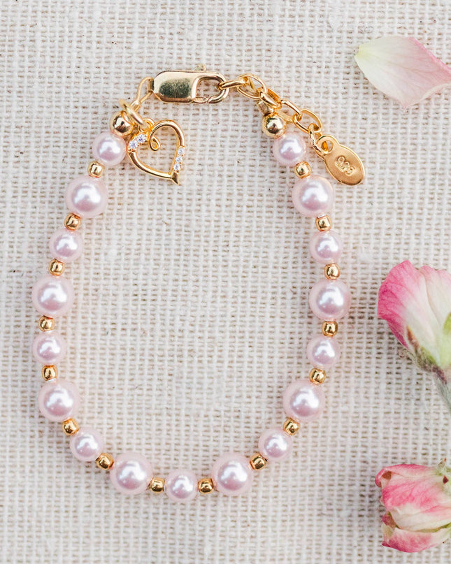 14K Gold-Plated Pink Pearl Baby Heart Bracelet Kids Jewelry