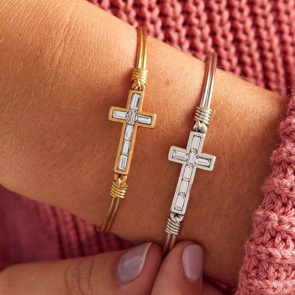Baguette Cross Bangle Bracelet in Crystal