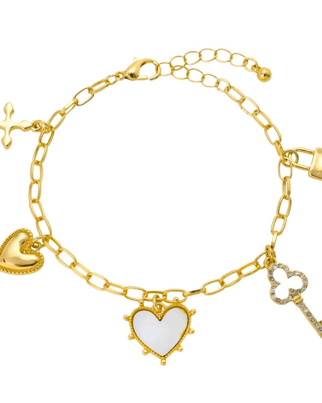Gold Heart and Key Lock Charm Bracelet