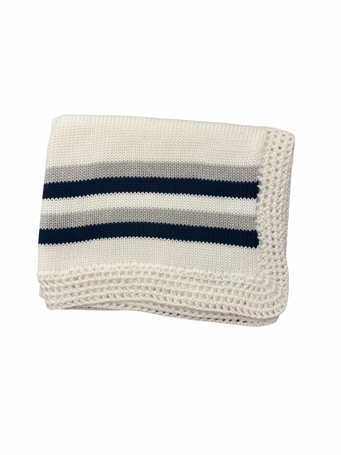 White/Navy and Grey Stripe Hand Knit Blanket