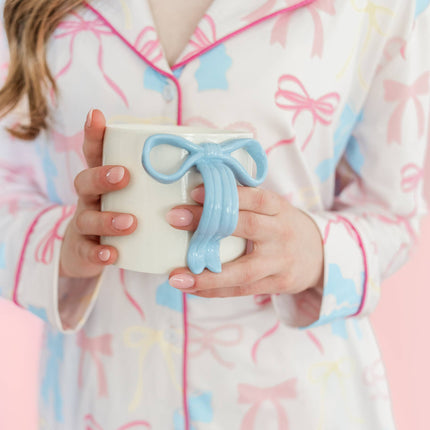 Powder Blue Bow Ceramic Coffee Tea Mug with Ribbon Handle
