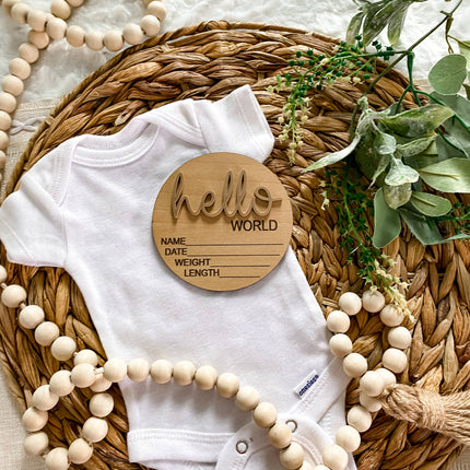 Hello World Birth Stat Announcement Wood Disc - Layered 3D