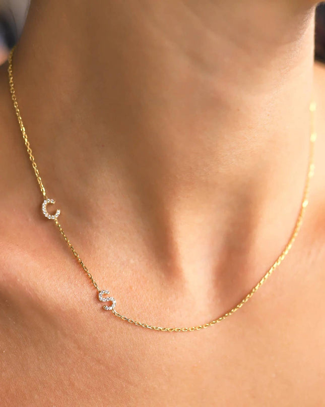 Pave Initial Necklace, CZ Initial Necklace, Sideways Initial