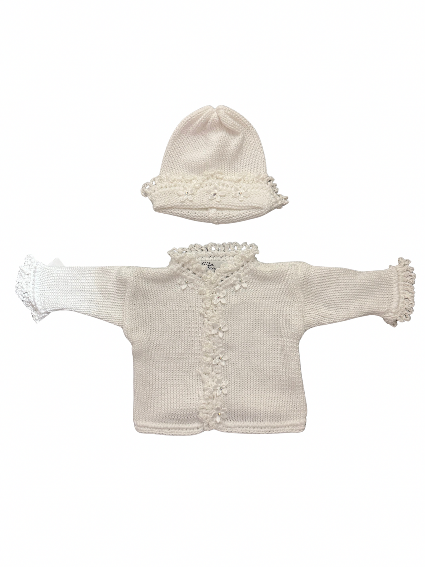 White/Chenille Trim Sweater and Hat