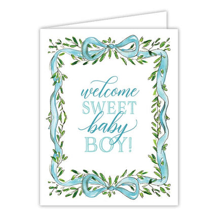 Welcome Sweet Baby Boy Greenery Crest Greeting Card