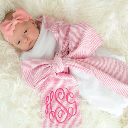 Personalized Seersucker Baby Swaddle Blanket - Pink