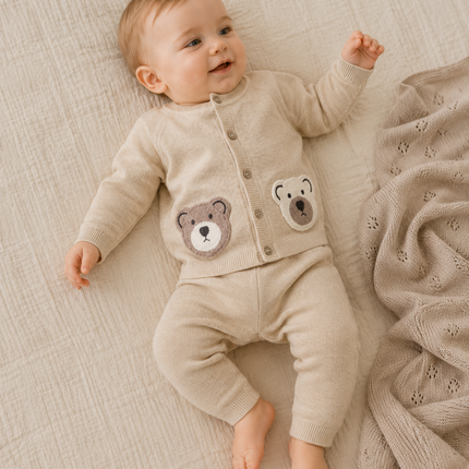 Cozy Bear Applique Knit Baby Cardigan (Organic Cotton)