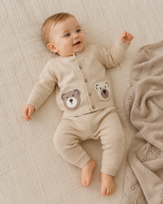 Cozy Bear Applique Knit Baby Cardigan (Organic Cotton)