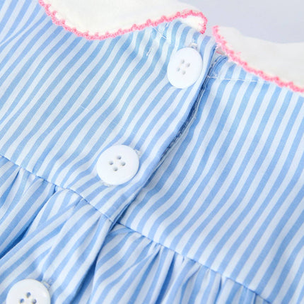 Blue Stripe Girl Romper Petal Peter Pan Collar Bow