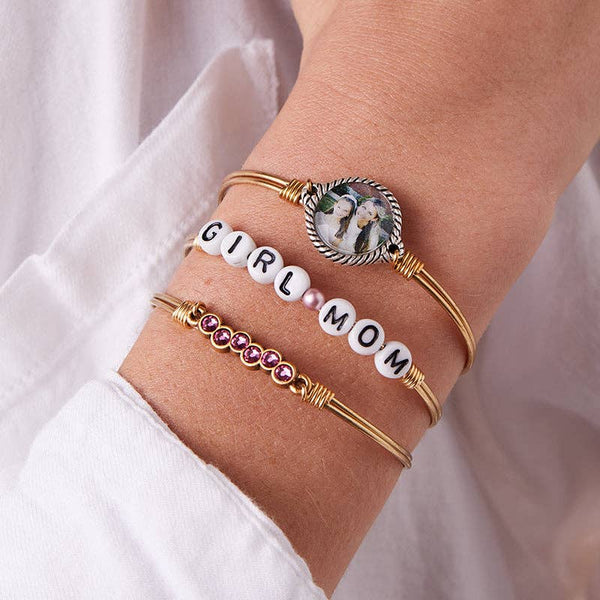 Girl Mom Letter Bead Bangle Bracelet-Brass Tone