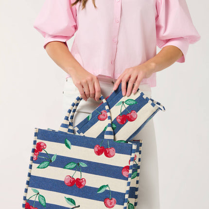 CHERRY STRIPE JACQUARD TOTE,NAVY