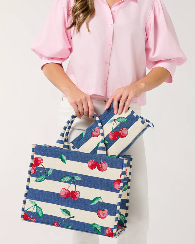 CHERRY STRIPE JACQUARD TOTE,NAVY