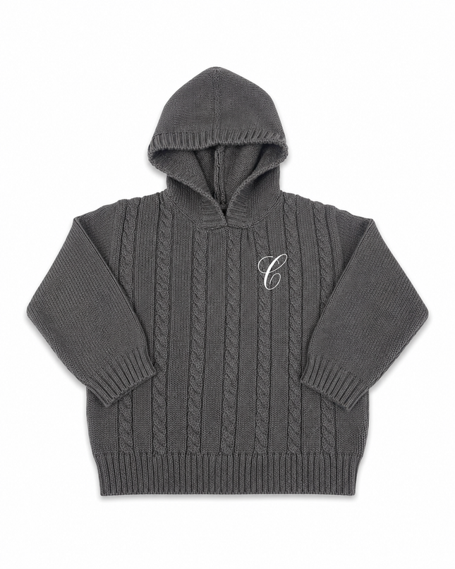 Grey Cable Zip Back Hooded Sweater