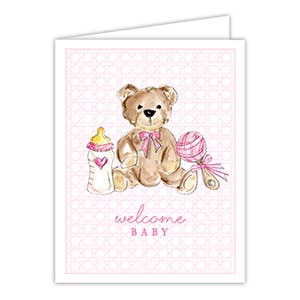 Welcome Baby Pink Bottle Teddy Bear and Rattle Greeting Card