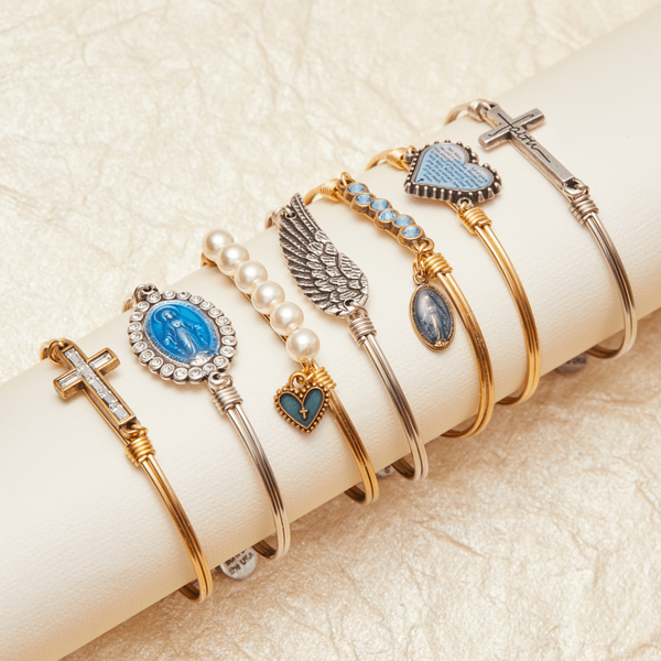 Crystal Pearl Rosary Heart Bangle Bracelet