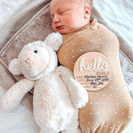 Hello World Birth Stat Announcement Wood Disc - Layered 3D