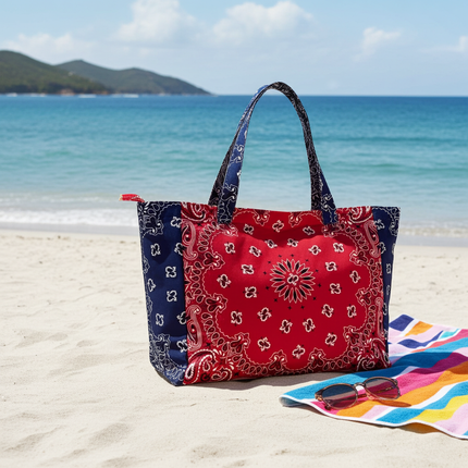 Bandana Print Canvas Tote -Bailey Red/Navy